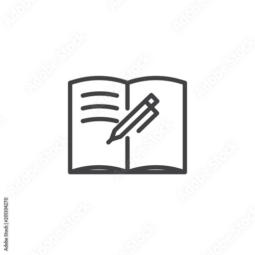 Book with pencil outline icon. linear style sign for mobile concept and web design. Writing simple line vector icon. Exercise book symbol, logo illustration. Pixel perfect vector graphics