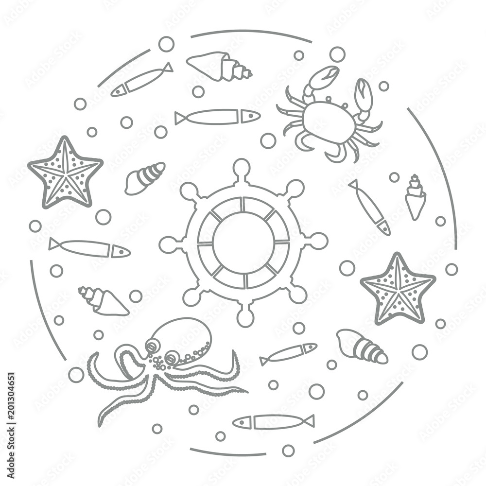 Wheel, fish, seashells, starfish, crab, octopus. Wheel, fish, seashells, starfish, crab, octopus.