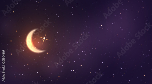 Crescent moon on the background of space with bright stars. Half a month is shining in sky.