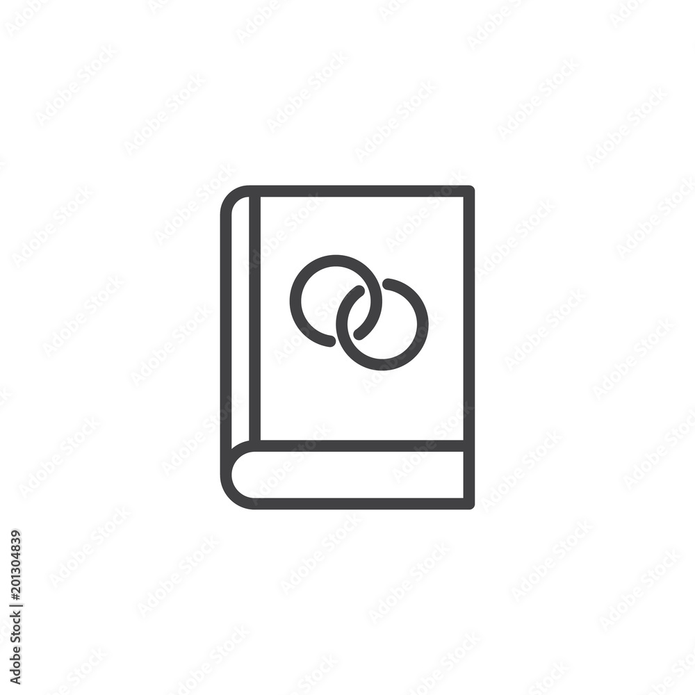 Book with wedding rings outline icon. linear style sign for mobile concept and web design. Education simple line vector icon. Symbol, logo illustration. Pixel perfect vector graphics Book with wedding rings outline icon. linear style sign for mobile concept and web design. Education simple line vector icon. Symbol, logo illustration. Pixel perfect vector graphics