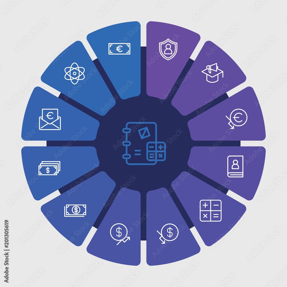 business, money, education Infographic Circle outline Icons Set. Contains such Icons as security, school, finance, algebra, molecular, calculator, exchange and more. Fully Editable. Pixel Perfect.. business, money, education Infographic Circle outline Icons Set. Contains such Icons as security, school, finance, algebra, molecular, calculator, exchange and more. Fully Editable. Pixel Perfect..