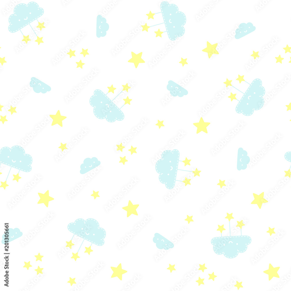 cute seamless pattern with smiling clouds and stars on white background. design for baby and children