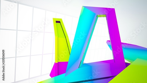 Free Download Abstract white and colored gradient  interior multilevel public space with window. 3D illustration and rendering. - GFXLoad