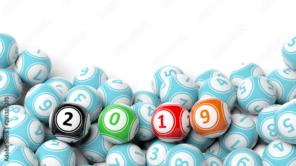 New year 2019 on bingo balls. Bingo lottery balls heap on white background, copy space. 3d illustration New year 2019 on bingo balls. Bingo lottery balls heap on white background, copy space. 3d illustration