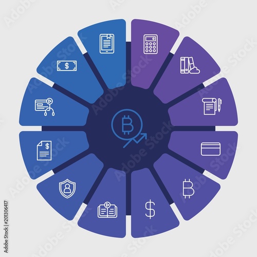 business, money, education Infographic Circle outline Icons Set. Contains such Icons as  web, audio,  book,  growth, business,  learning,  sound, bitcoin and more. Fully Editable. Pixel Perfect..