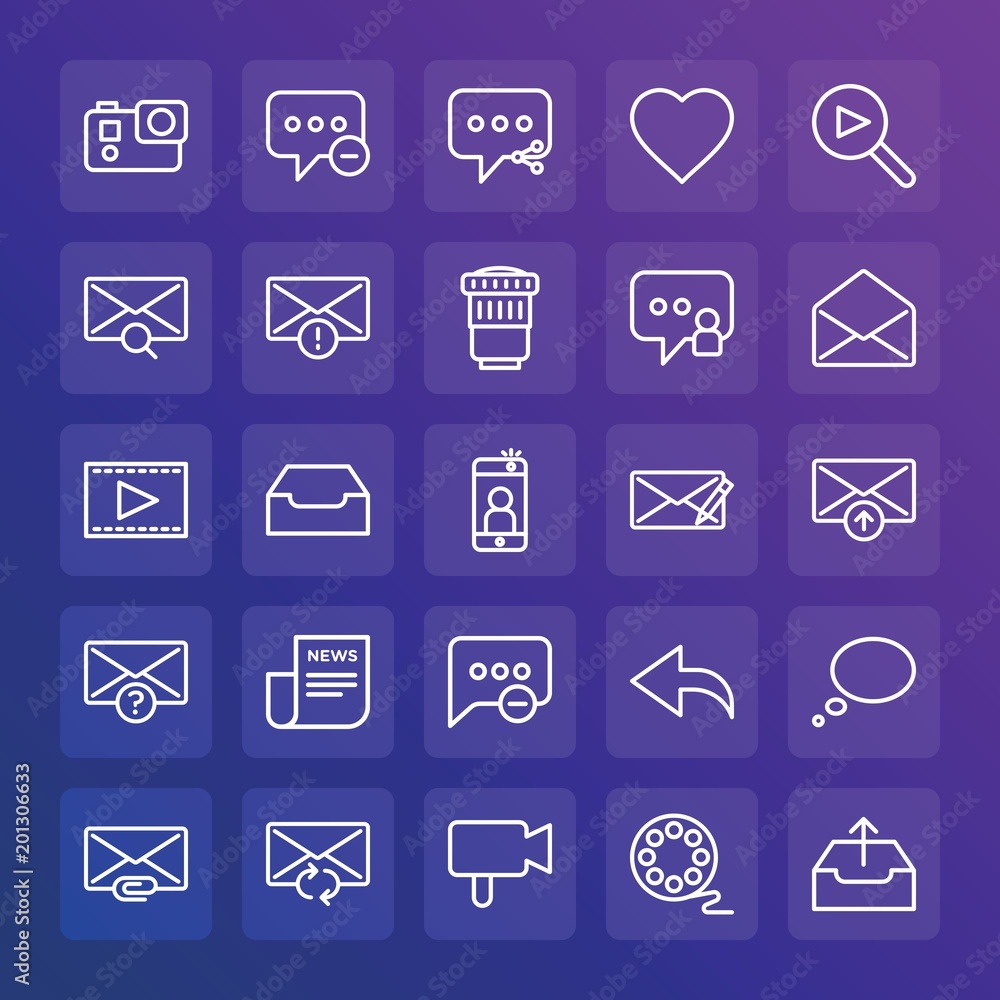 Modern Simple Set of chat and messenger, video, photos, email Vector outline Icons. ..Contains such Icons as update, theater, letter and more on gradient background. Fully Editable. Pixel Perfect. Modern Simple Set of chat and messenger, video, photos, email Vector outline Icons. ..Contains such Icons as update, theater, letter and more on gradient background. Fully Editable. Pixel Perfect.