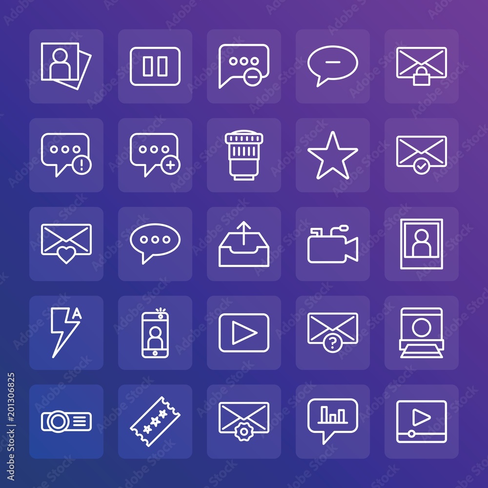 Modern Simple Set of chat and messenger, video, photos, email Vector outline Icons. ..Contains such Icons as message, remove, pause and more on gradient background. Fully Editable. Pixel Perfect. Modern Simple Set of chat and messenger, video, photos, email Vector outline Icons. ..Contains such Icons as message, remove, pause and more on gradient background. Fully Editable. Pixel Perfect.