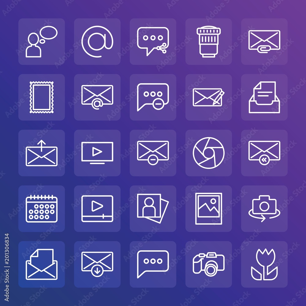 Modern Simple Set of chat and messenger, video, photos, email Vector outline Icons. ..Contains such Icons as person, lens, picture and more on gradient background. Fully Editable. Pixel Perfect. Modern Simple Set of chat and messenger, video, photos, email Vector outline Icons. ..Contains such Icons as person, lens, picture and more on gradient background. Fully Editable. Pixel Perfect.