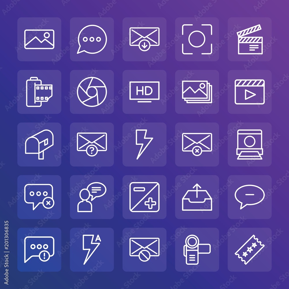 Modern Simple Set of chat and messenger, video, photos, email Vector outline Icons. ..Contains such Icons as phone, cinema, camera and more on gradient background. Fully Editable. Pixel Perfect. Modern Simple Set of chat and messenger, video, photos, email Vector outline Icons. ..Contains such Icons as phone, cinema, camera and more on gradient background. Fully Editable. Pixel Perfect.