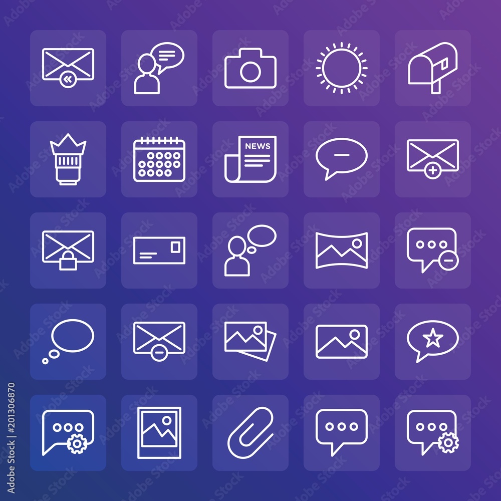 Modern Simple Set of chat and messenger, video, photos, email Vector outline Icons. ..Contains such Icons as paperclip, landscape, sms and more on gradient background. Fully Editable. Pixel Perfect. Modern Simple Set of chat and messenger, video, photos, email Vector outline Icons. ..Contains such Icons as paperclip, landscape, sms and more on gradient background. Fully Editable. Pixel Perfect.