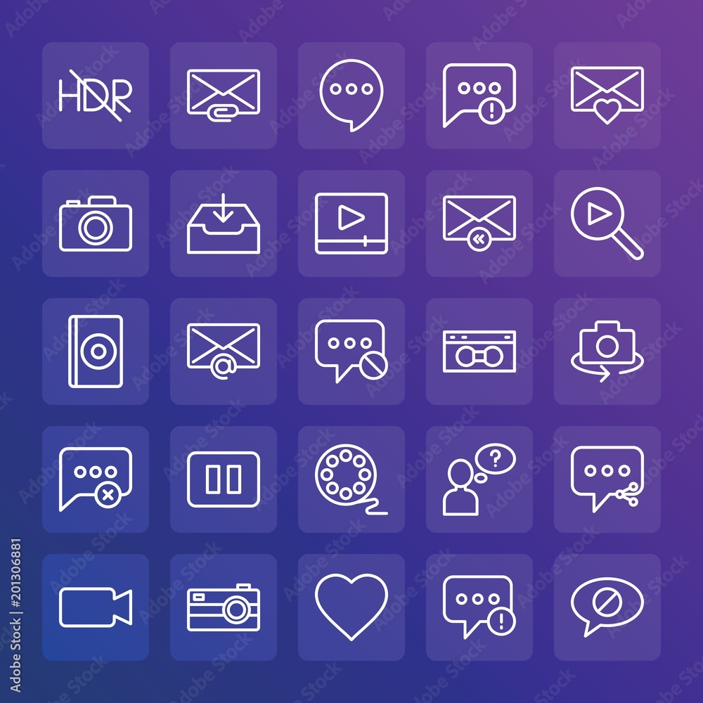 Modern Simple Set of chat and messenger, video, photos, email Vector outline Icons. ..Contains such Icons as photo, note, electronic and more on gradient background. Fully Editable. Pixel Perfect. Modern Simple Set of chat and messenger, video, photos, email Vector outline Icons. ..Contains such Icons as photo, note, electronic and more on gradient background. Fully Editable. Pixel Perfect.
