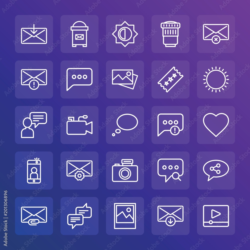 Modern Simple Set of chat and messenger, video, photos, email Vector outline Icons. ..Contains such Icons as equipment, download, get and more on gradient background. Fully Editable. Pixel Perfect. Modern Simple Set of chat and messenger, video, photos, email Vector outline Icons. ..Contains such Icons as equipment, download, get and more on gradient background. Fully Editable. Pixel Perfect.