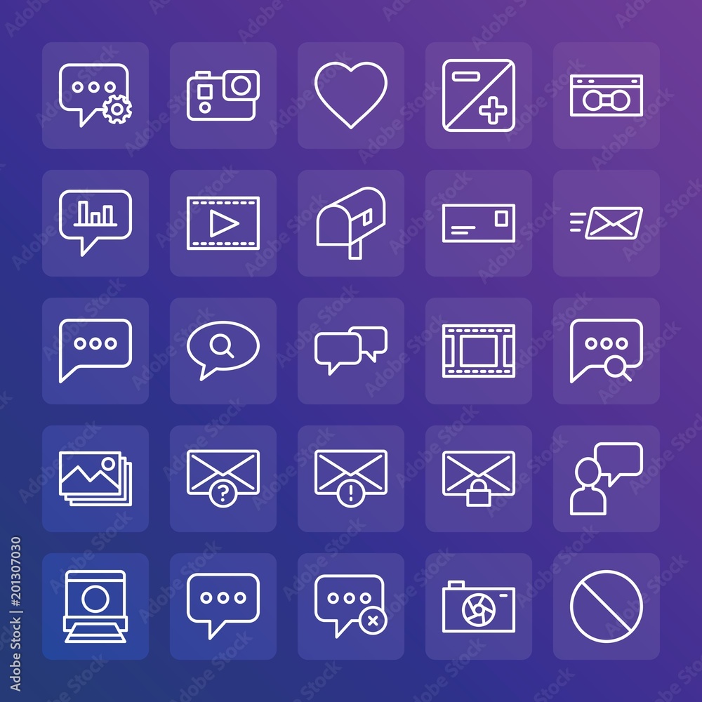 Modern Simple Set of chat and messenger, video, photos, email Vector outline Icons. ..Contains such Icons as cassette, vector, camera and more on gradient background. Fully Editable. Pixel Perfect. Modern Simple Set of chat and messenger, video, photos, email Vector outline Icons. ..Contains such Icons as cassette, vector, camera and more on gradient background. Fully Editable. Pixel Perfect.