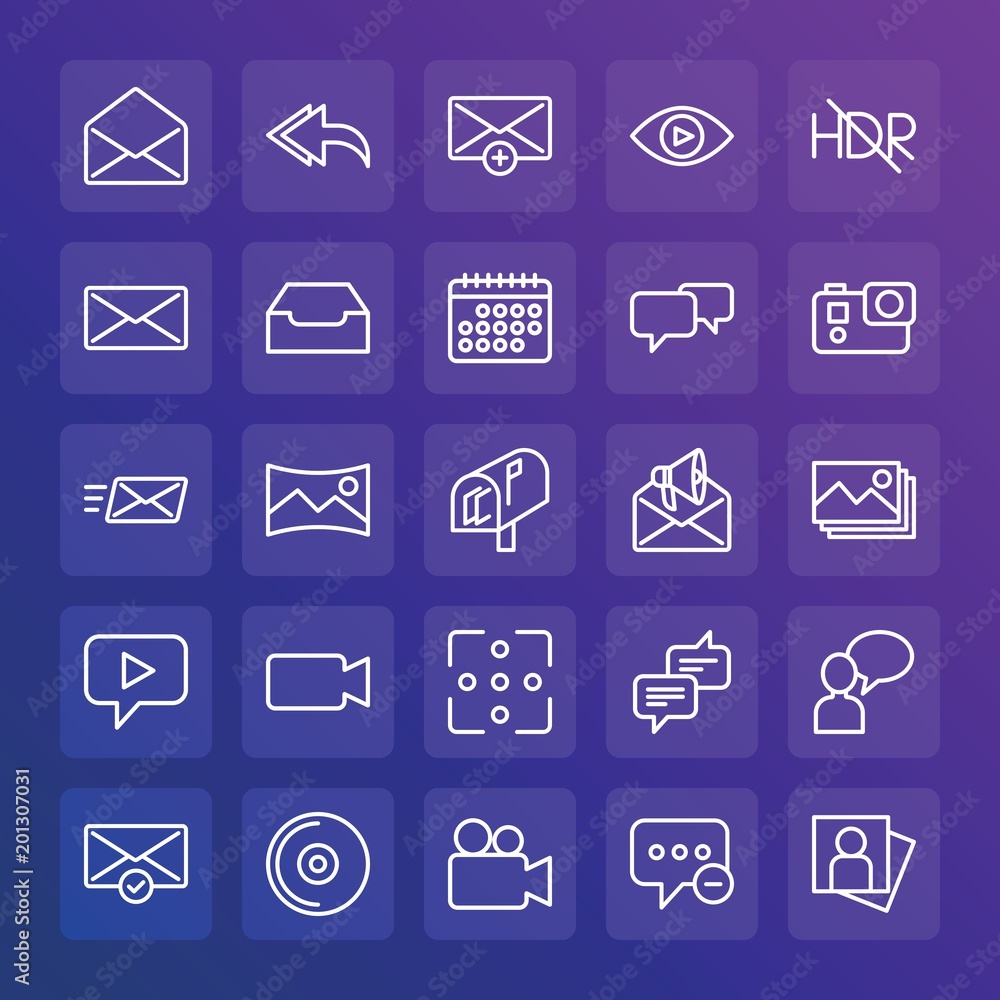 Modern Simple Set of chat and messenger, video, photos, email Vector outline Icons. ..Contains such Icons as delete, panorama, forward and more on gradient background. Fully Editable. Pixel Perfect. Modern Simple Set of chat and messenger, video, photos, email Vector outline Icons. ..Contains such Icons as delete, panorama, forward and more on gradient background. Fully Editable. Pixel Perfect.