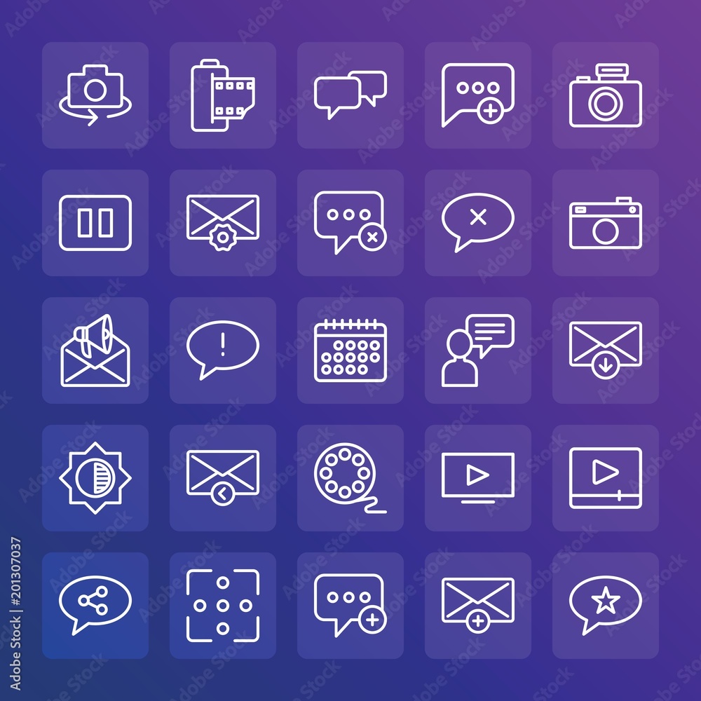 Modern Simple Set of chat and messenger, video, photos, email Vector outline Icons. ..Contains such Icons as speech, button, add and more on gradient background. Fully Editable. Pixel Perfect. Modern Simple Set of chat and messenger, video, photos, email Vector outline Icons. ..Contains such Icons as speech, button, add and more on gradient background. Fully Editable. Pixel Perfect.