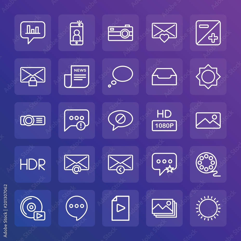 Modern Simple Set of chat and messenger, video, photos, email Vector outline Icons. ..Contains such Icons as picture, camera, icon and more on gradient background. Fully Editable. Pixel Perfect. Modern Simple Set of chat and messenger, video, photos, email Vector outline Icons. ..Contains such Icons as picture, camera, icon and more on gradient background. Fully Editable. Pixel Perfect.