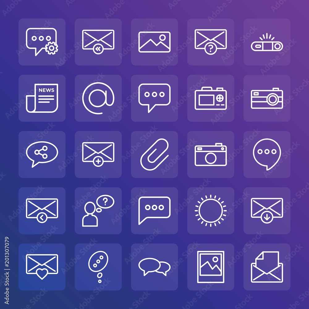 Modern Simple Set of chat and messenger, video, photos, email Vector outline Icons. ..Contains such Icons as photography, speech, add and more on gradient background. Fully Editable. Pixel Perfect. Modern Simple Set of chat and messenger, video, photos, email Vector outline Icons. ..Contains such Icons as photography, speech, add and more on gradient background. Fully Editable. Pixel Perfect.