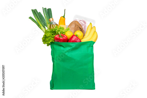 Food and groceries in green eco-friendly reusable shopping bag