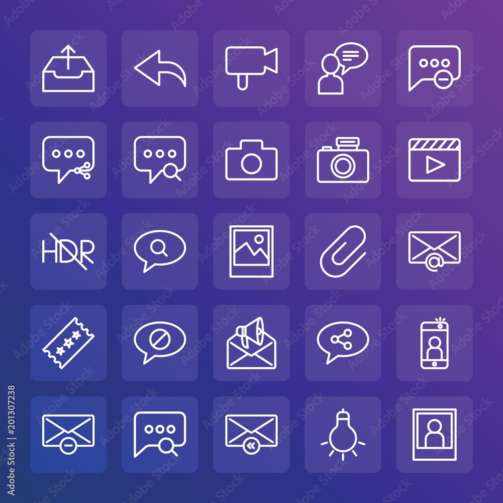 Modern Simple Set of chat and messenger, video, photos, email Vector outline Icons. ..Contains such Icons as reply, movie, mail, light and more on gradient background. Fully Editable. Pixel Perfect. Modern Simple Set of chat and messenger, video, photos, email Vector outline Icons. ..Contains such Icons as reply, movie, mail, light and more on gradient background. Fully Editable. Pixel Perfect.