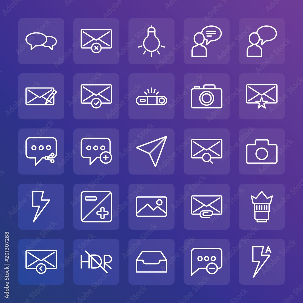 Modern Simple Set of chat and messenger, video, photos, email Vector outline Icons. ..Contains such Icons as camera,  light, message and more on gradient background. Fully Editable. Pixel Perfect.