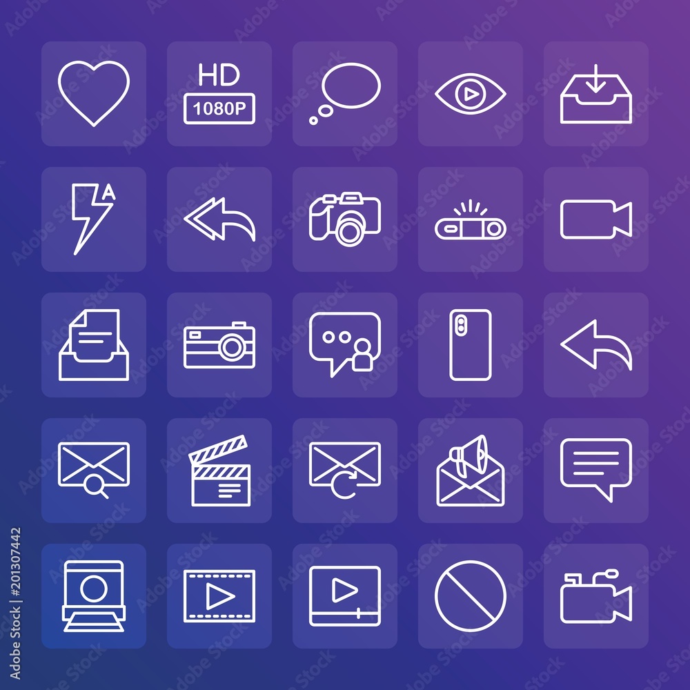Modern Simple Set of chat and messenger, video, photos, email Vector outline Icons. ..Contains such Icons as lightning, button, movie and more on gradient background. Fully Editable. Pixel Perfect. Modern Simple Set of chat and messenger, video, photos, email Vector outline Icons. ..Contains such Icons as lightning, button, movie and more on gradient background. Fully Editable. Pixel Perfect.