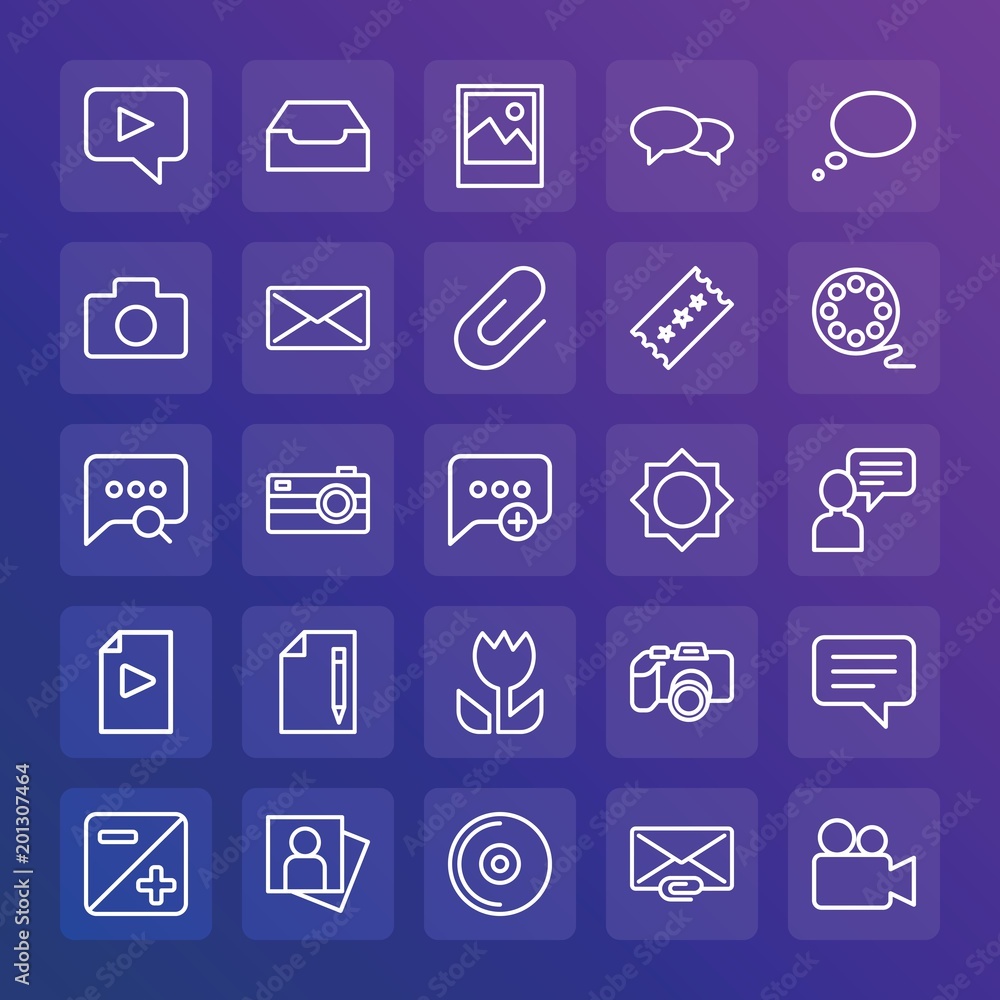 Modern Simple Set of chat and messenger, video, photos, email Vector outline Icons. ..Contains such Icons as letter, picture, lens and more on gradient background. Fully Editable. Pixel Perfect. Modern Simple Set of chat and messenger, video, photos, email Vector outline Icons. ..Contains such Icons as letter, picture, lens and more on gradient background. Fully Editable. Pixel Perfect.