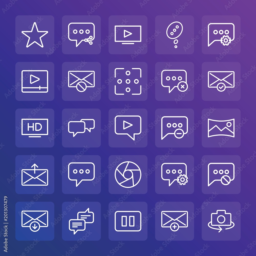 Modern Simple Set of chat and messenger, video, photos, email Vector outline Icons. ..Contains such Icons as message, note, design and more on gradient background. Fully Editable. Pixel Perfect. Modern Simple Set of chat and messenger, video, photos, email Vector outline Icons. ..Contains such Icons as message, note, design and more on gradient background. Fully Editable. Pixel Perfect.