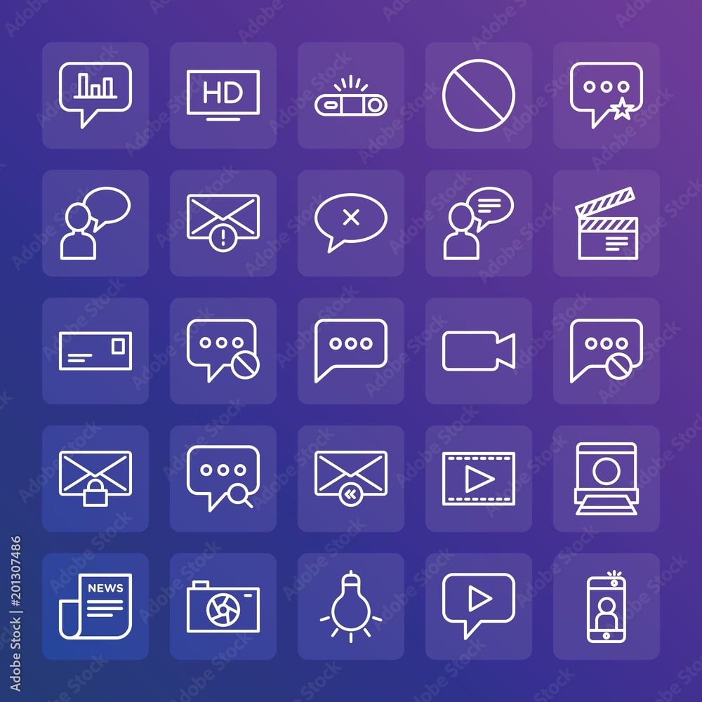 Modern Simple Set of chat and messenger, video, photos, email Vector outline Icons. ..Contains such Icons as selfie,  background,  sms and more on gradient background. Fully Editable. Pixel Perfect.