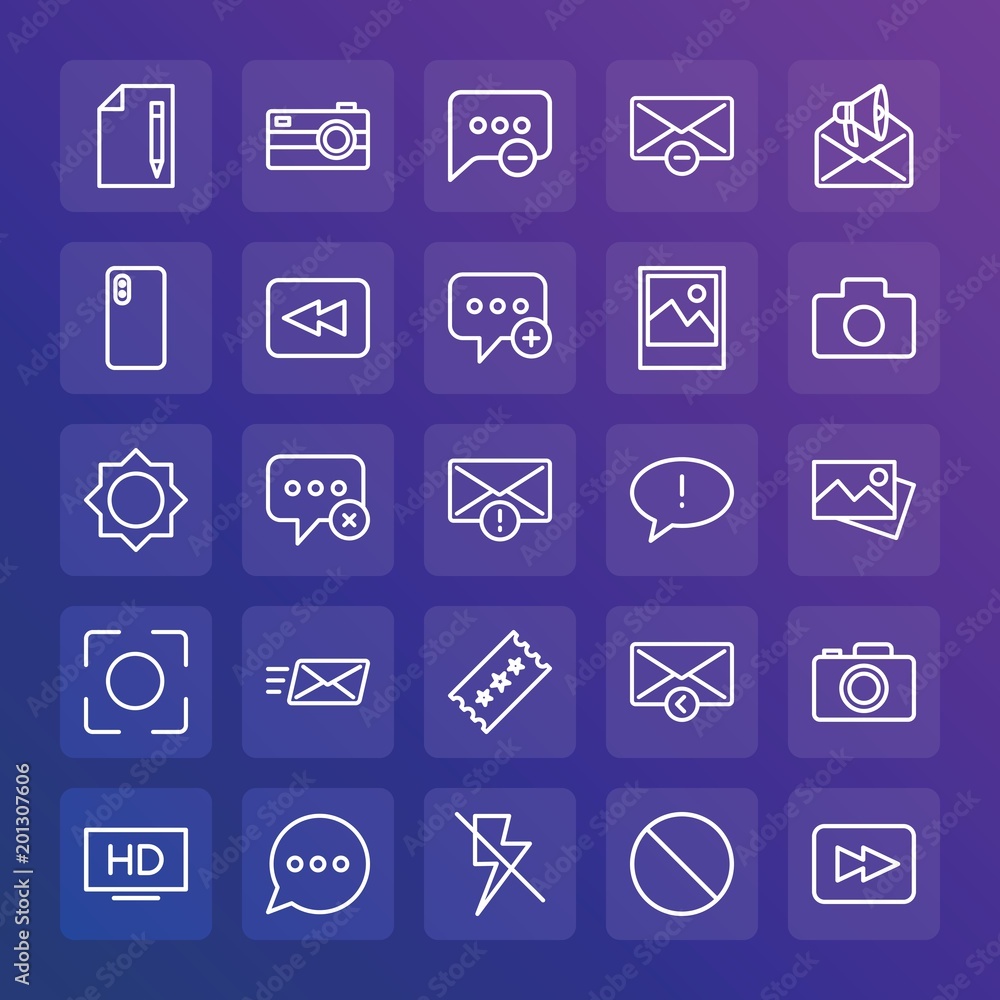 Modern Simple Set of chat and messenger, video, photos, email Vector outline Icons. ..Contains such Icons as music, delete, vector, hd and more on gradient background. Fully Editable. Pixel Perfect. Modern Simple Set of chat and messenger, video, photos, email Vector outline Icons. ..Contains such Icons as music, delete, vector, hd and more on gradient background. Fully Editable. Pixel Perfect.