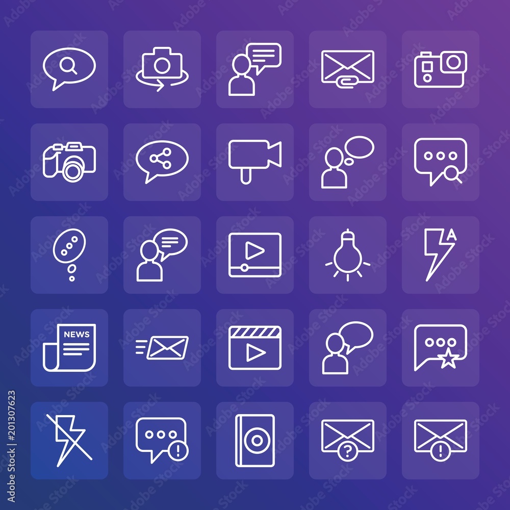 Modern Simple Set of chat and messenger, video, photos, email Vector outline Icons. ..Contains such Icons as technology, camera, disc and more on gradient background. Fully Editable. Pixel Perfect. Modern Simple Set of chat and messenger, video, photos, email Vector outline Icons. ..Contains such Icons as technology, camera, disc and more on gradient background. Fully Editable. Pixel Perfect.