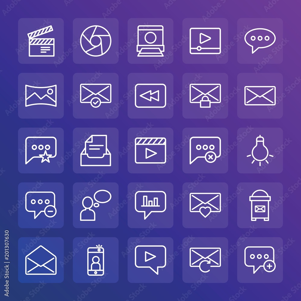 Modern Simple Set of chat and messenger, video, photos, email Vector outline Icons. ..Contains such Icons as choose, new, capture and more on gradient background. Fully Editable. Pixel Perfect. Modern Simple Set of chat and messenger, video, photos, email Vector outline Icons. ..Contains such Icons as choose, new, capture and more on gradient background. Fully Editable. Pixel Perfect.
