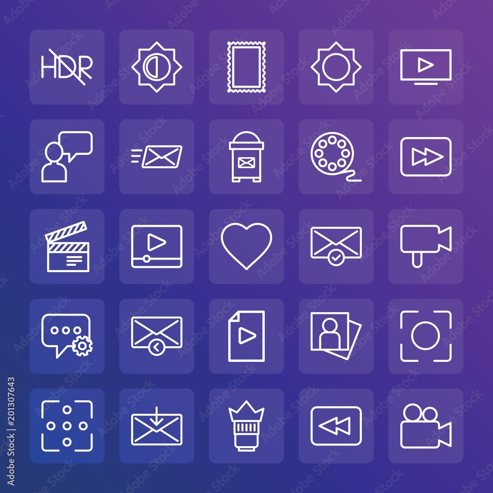 Modern Simple Set of chat and messenger, video, photos, email Vector outline Icons. ..Contains such Icons as hdr, concept, mail, camera and more on gradient background. Fully Editable. Pixel Perfect. Modern Simple Set of chat and messenger, video, photos, email Vector outline Icons. ..Contains such Icons as hdr, concept, mail, camera and more on gradient background. Fully Editable. Pixel Perfect.