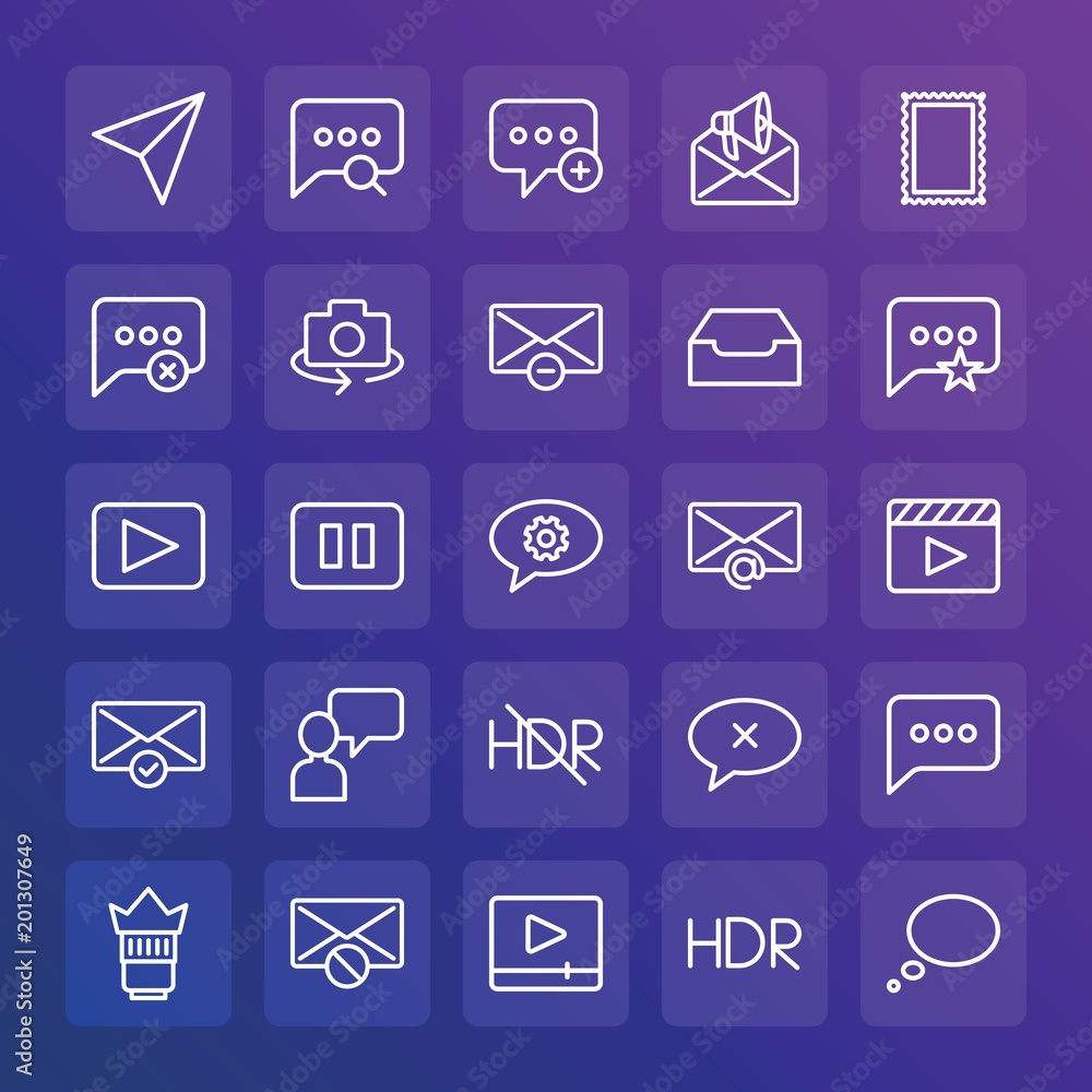 Modern Simple Set of chat and messenger, video, photos, email Vector outline Icons. ..Contains such Icons as  mobile,  talk,  new, lens and more on gradient background. Fully Editable. Pixel Perfect.