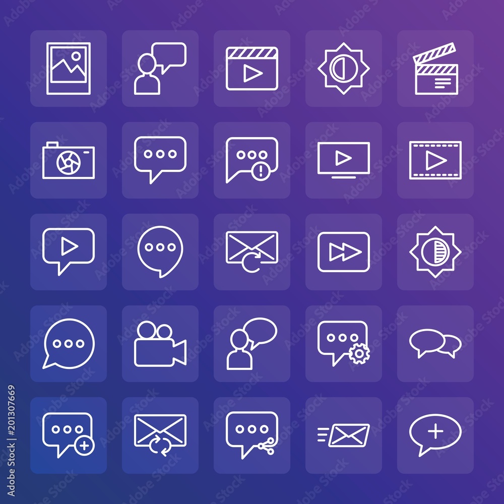 Modern Simple Set of chat and messenger, video, photos, email Vector outline Icons. ..Contains such Icons as outdoors, message, movie and more on gradient background. Fully Editable. Pixel Perfect. Modern Simple Set of chat and messenger, video, photos, email Vector outline Icons. ..Contains such Icons as outdoors, message, movie and more on gradient background. Fully Editable. Pixel Perfect.