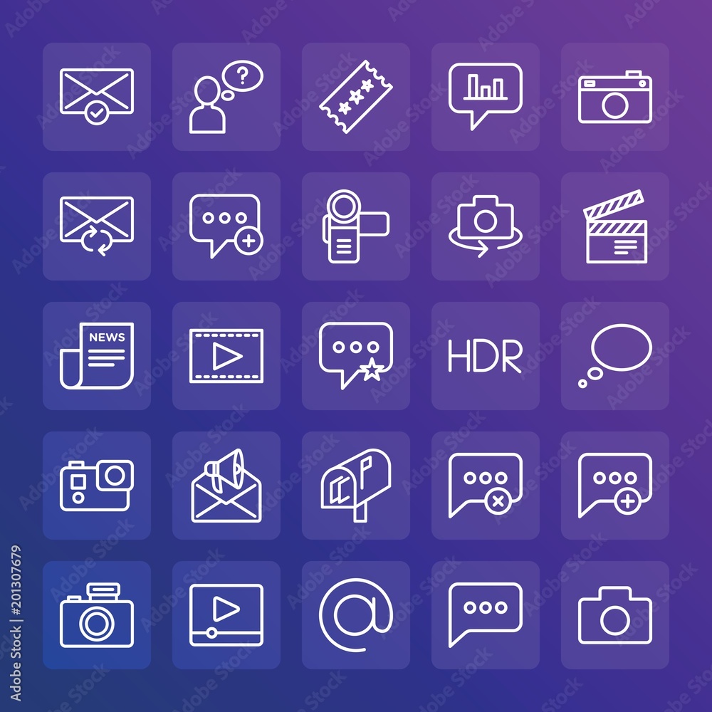 Modern Simple Set of chat and messenger, video, photos, email Vector outline Icons. ..Contains such Icons as new, technology, film and more on gradient background. Fully Editable. Pixel Perfect. Modern Simple Set of chat and messenger, video, photos, email Vector outline Icons. ..Contains such Icons as new, technology, film and more on gradient background. Fully Editable. Pixel Perfect.