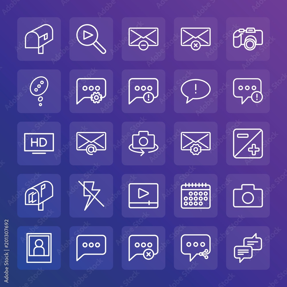 Modern Simple Set of chat and messenger, video, photos, email Vector outline Icons. ..Contains such Icons as background, video, camera and more on gradient background. Fully Editable. Pixel Perfect. Modern Simple Set of chat and messenger, video, photos, email Vector outline Icons. ..Contains such Icons as background, video, camera and more on gradient background. Fully Editable. Pixel Perfect.
