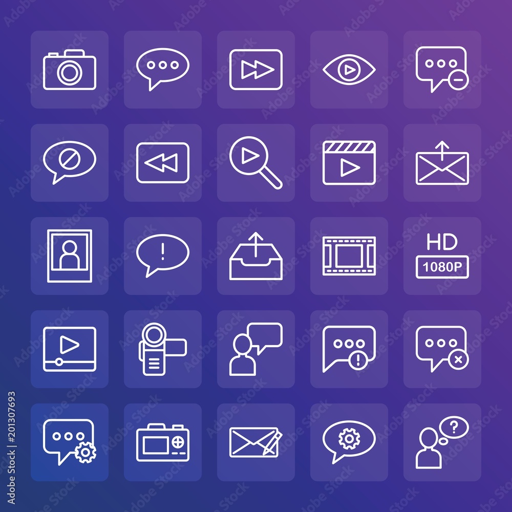 Modern Simple Set of chat and messenger, video, photos, email Vector outline Icons. ..Contains such Icons as view, message, exit, faq and more on gradient background. Fully Editable. Pixel Perfect. Modern Simple Set of chat and messenger, video, photos, email Vector outline Icons. ..Contains such Icons as view, message, exit, faq and more on gradient background. Fully Editable. Pixel Perfect.