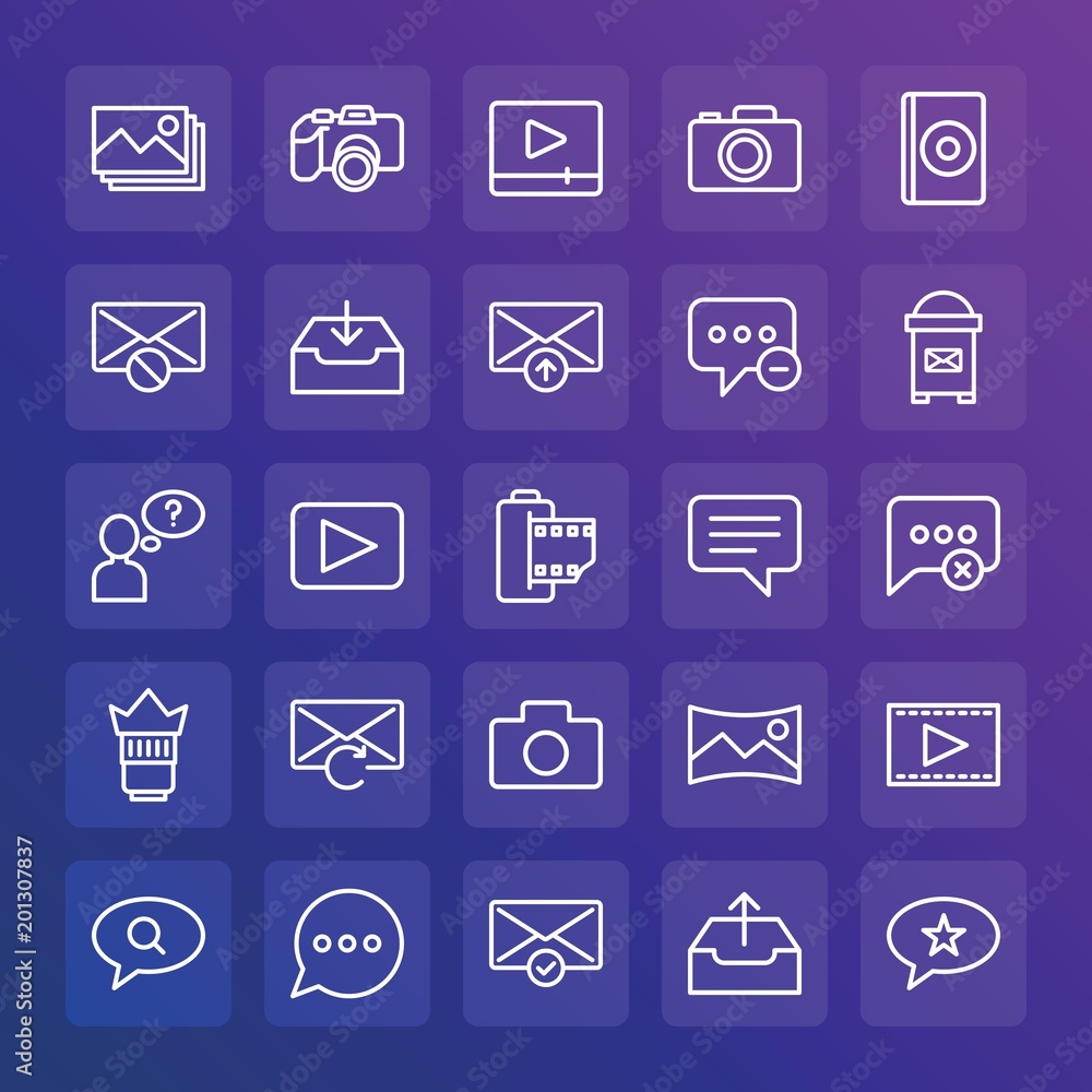 Modern Simple Set of chat and messenger, video, photos, email Vector outline Icons. ..Contains such Icons as technology, communication and more on gradient background. Fully Editable. Pixel Perfect. Modern Simple Set of chat and messenger, video, photos, email Vector outline Icons. ..Contains such Icons as technology, communication and more on gradient background. Fully Editable. Pixel Perfect.