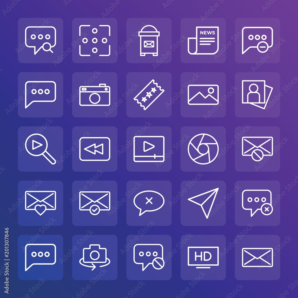 Modern Simple Set of chat and messenger, video, photos, email Vector outline Icons. ..Contains such Icons as exit, message, hd, send and more on gradient background. Fully Editable. Pixel Perfect. Modern Simple Set of chat and messenger, video, photos, email Vector outline Icons. ..Contains such Icons as exit, message, hd, send and more on gradient background. Fully Editable. Pixel Perfect.