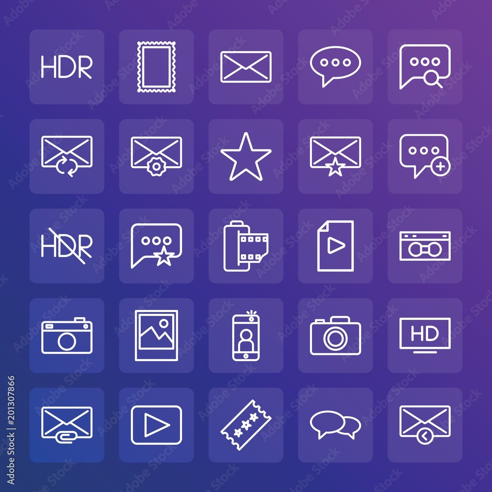 Modern Simple Set of chat and messenger, video, photos, email Vector outline Icons. ..Contains such Icons as video, quality, landscape and more on gradient background. Fully Editable. Pixel Perfect. Modern Simple Set of chat and messenger, video, photos, email Vector outline Icons. ..Contains such Icons as video, quality, landscape and more on gradient background. Fully Editable. Pixel Perfect.