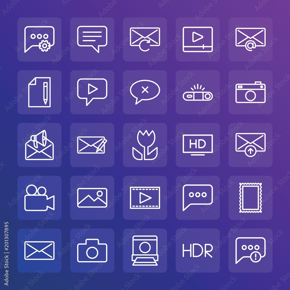 Modern Simple Set of chat and messenger, video, photos, email Vector outline Icons. ..Contains such Icons as photo, post, media, hdr and more on gradient background. Fully Editable. Pixel Perfect. Modern Simple Set of chat and messenger, video, photos, email Vector outline Icons. ..Contains such Icons as photo, post, media, hdr and more on gradient background. Fully Editable. Pixel Perfect.
