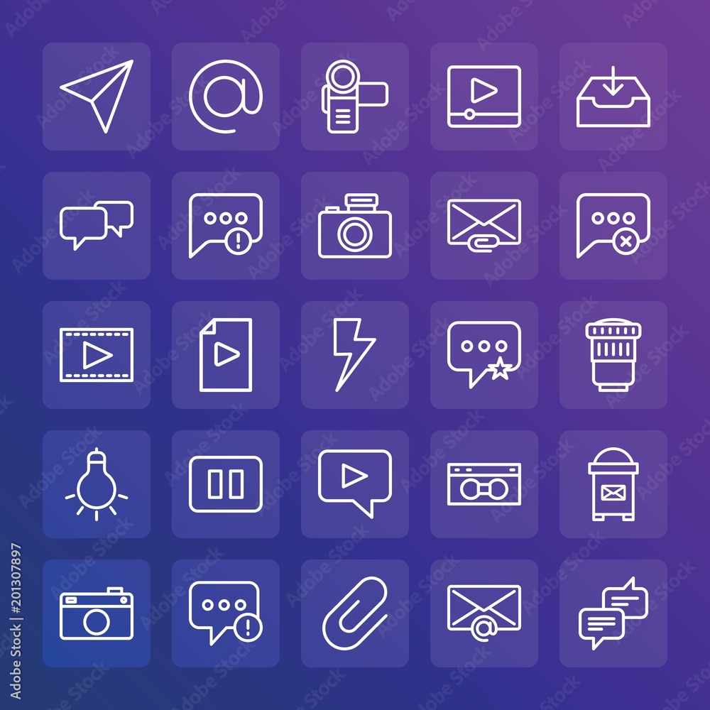 Modern Simple Set of chat and messenger, video, photos, email Vector outline Icons. ..Contains such Icons as vhs, old, camera, vector and more on gradient background. Fully Editable. Pixel Perfect. Modern Simple Set of chat and messenger, video, photos, email Vector outline Icons. ..Contains such Icons as vhs, old, camera, vector and more on gradient background. Fully Editable. Pixel Perfect.