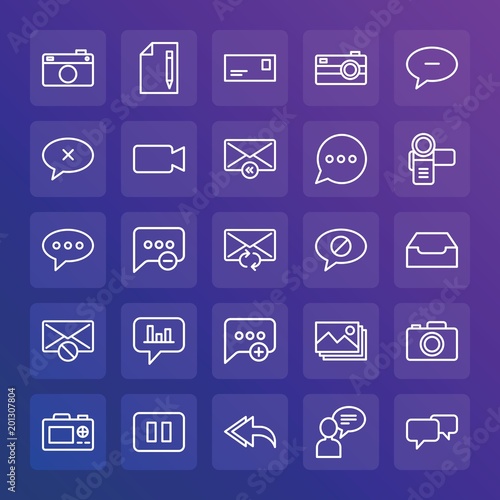 Modern Simple Set of chat and messenger, video, photos, email Vector outline Icons. ..Contains such Icons as close, reply, video and more on gradient background. Fully Editable. Pixel Perfect.