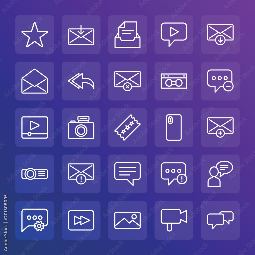 Modern Simple Set of chat and messenger, video, photos, email Vector outline Icons. ..Contains such Icons as problem, camera, forward and more on gradient background. Fully Editable. Pixel Perfect. Modern Simple Set of chat and messenger, video, photos, email Vector outline Icons. ..Contains such Icons as problem, camera, forward and more on gradient background. Fully Editable. Pixel Perfect.