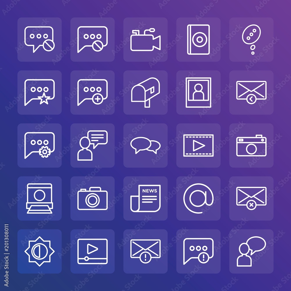 Modern Simple Set of chat and messenger, video, photos, email Vector outline Icons. ..Contains such Icons as player, house, template and more on gradient background. Fully Editable. Pixel Perfect. Modern Simple Set of chat and messenger, video, photos, email Vector outline Icons. ..Contains such Icons as player, house, template and more on gradient background. Fully Editable. Pixel Perfect.
