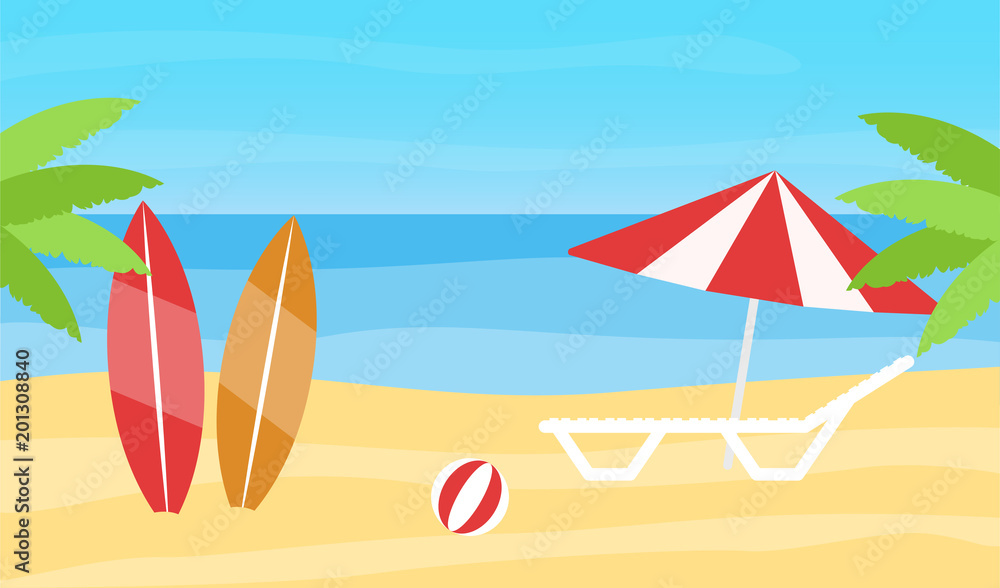 Beach scene with palm tree and umbrella. Flat vector illystration.