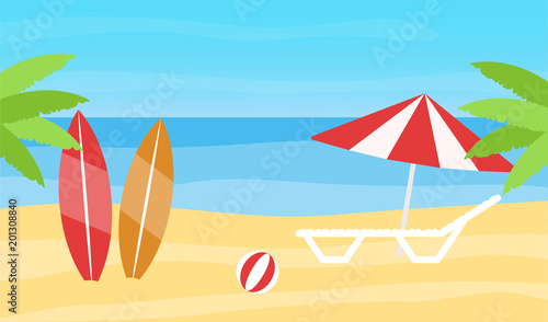 Beach scene with palm tree and umbrella. Flat vector illystration. © volodymyrv