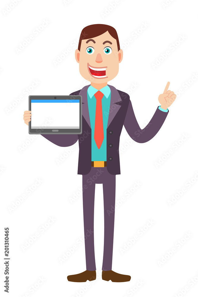 Businessman holding tablet PC and pointing up