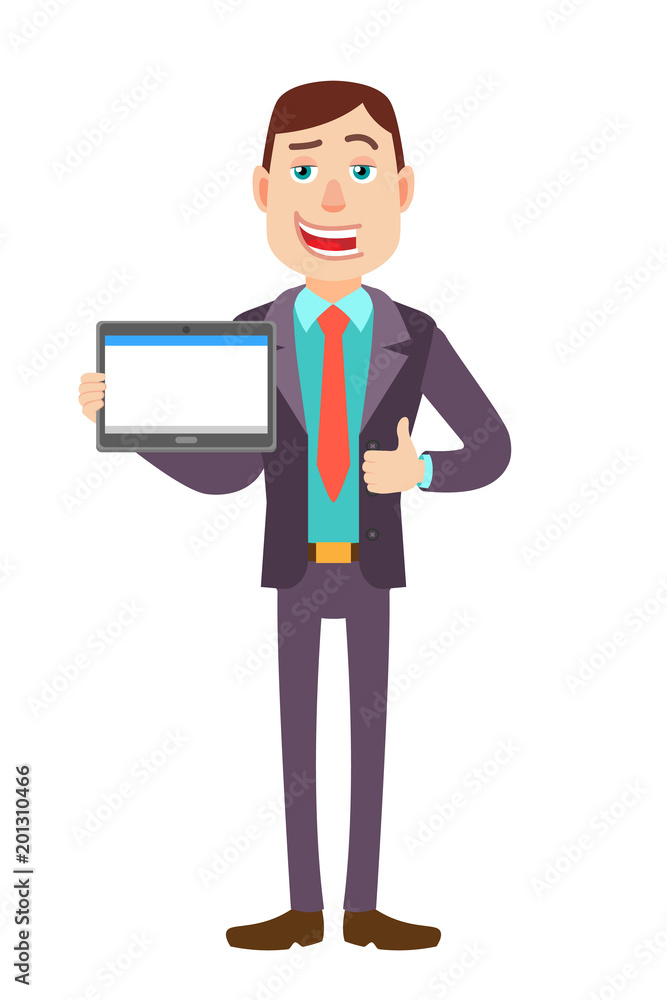 Businessman holding tablet PC and showing thumb up