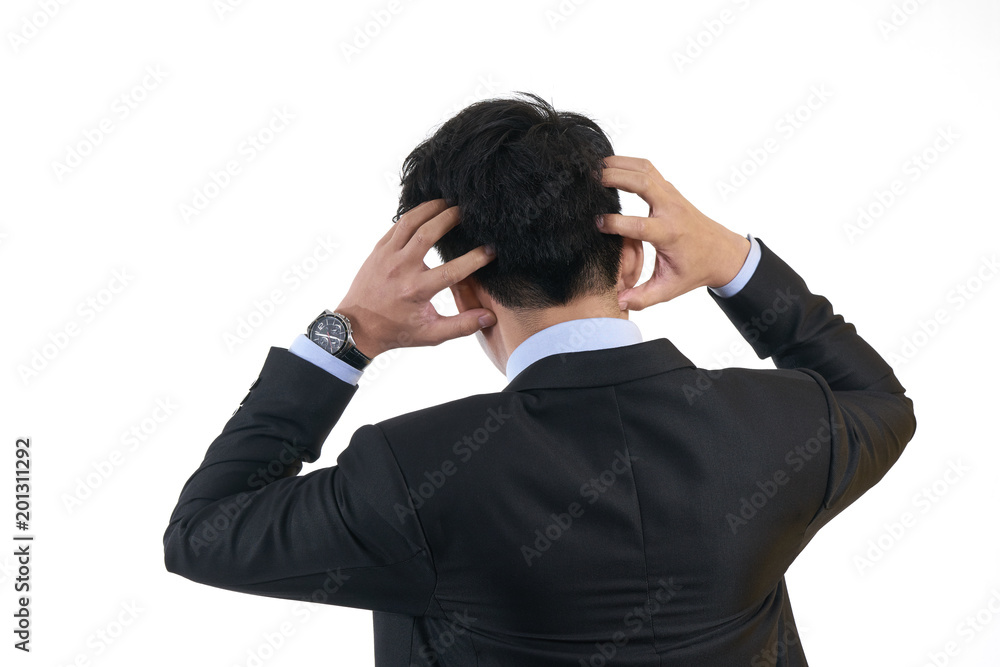 Businessman wearing a black suit. Pretending hand on her head Stress Businesses do not succeed in the wrong plan.using as background business concept with copy space and white space. Businessman wearing a black suit. Pretending hand on her head Stress Businesses do not succeed in the wrong plan.using as background business concept with copy space and white space.